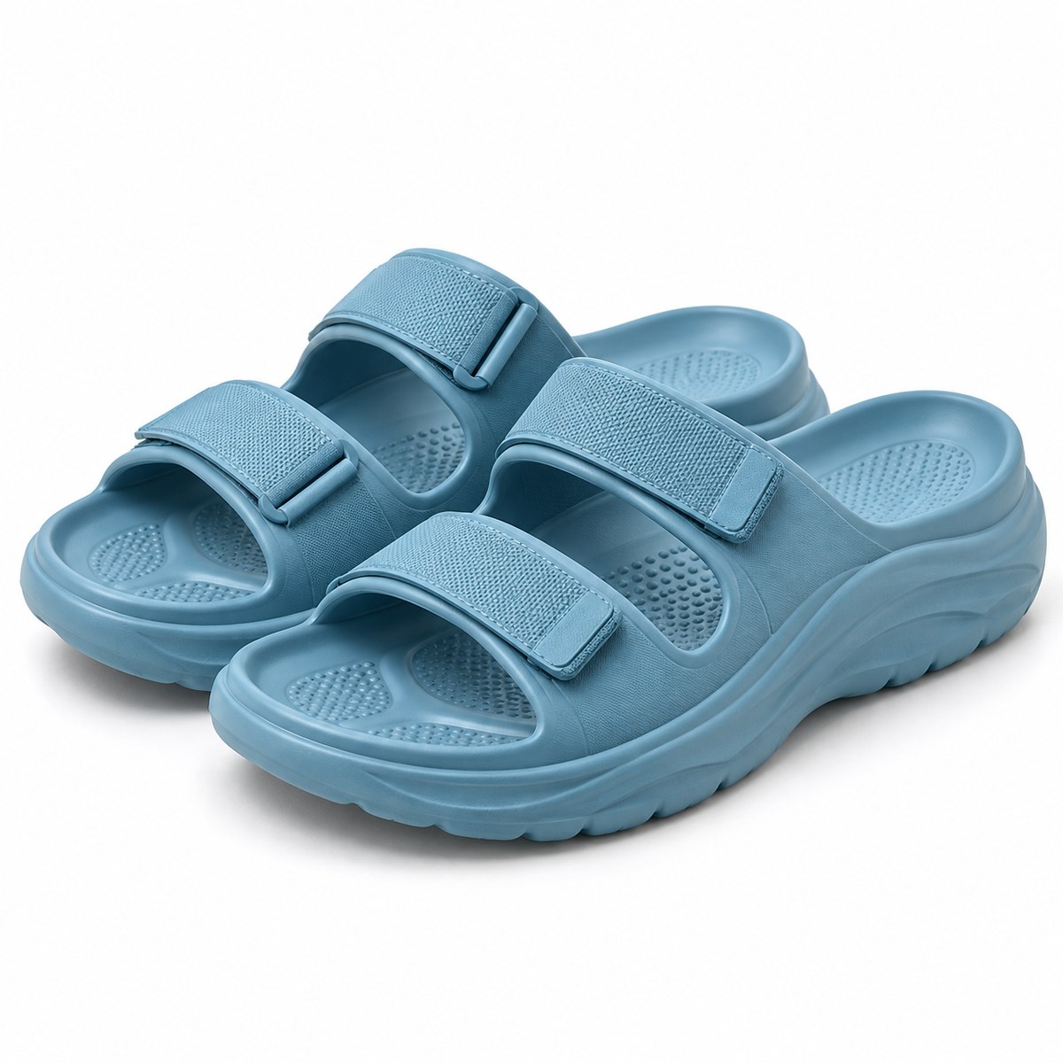 Blue adjustable recovery sandals with contoured footbed